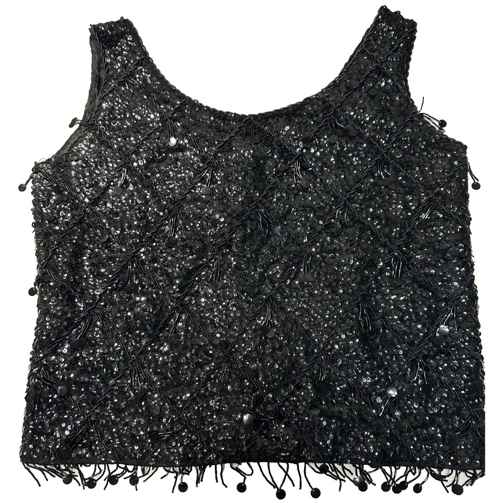MCM Black Beaded Sequin Tank Top 50s 60s Black Zip Back Vintage Medium Holiday